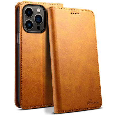 Apple iPhone 15 Pro "Suteni" gaiši brūns atvērams maciņš, maks | Vacins.lv