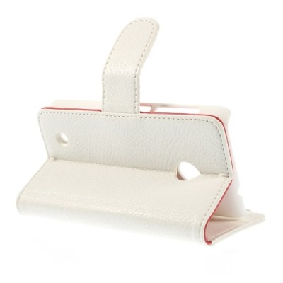 Nokia Lumia 530 atverčiamas baltas odinis Litchi dėklas - piniginė / Priedai.lt