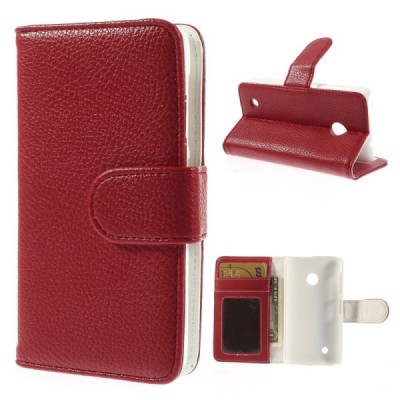 Nokia Lumia 530 atverčiamas raudonas odinis Litchi dėklas - piniginė / Priedai.lt