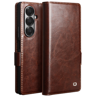 Samsung Galaxy Fold7 "QIALINO" atvēramais ādas brūns maciņš - maks | Vacins.lv