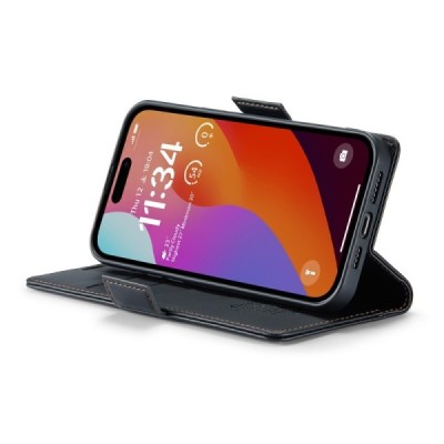 Apple iPhone 16 Pro Max CaseMe Leather atvēramais ādas maciņš (maks)  - melns | Vacins.lv