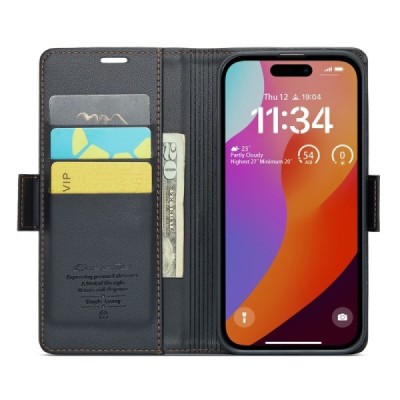 Apple iPhone 16 Pro Max CaseMe Leather atvēramais ādas maciņš (maks)  - melns | Vacins.lv
