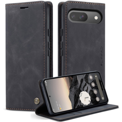 Google Pixel 10 Pro / 10 / 9 Pro / 9 CaseMe Retro solīds atvēramais ādas melns maciņš - maks | Vacins.lv