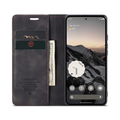 Google Pixel 10 Pro / 10 / 9 Pro / 9 CaseMe Retro solīds atvēramais ādas melns maciņš - maks | Vacins.lv