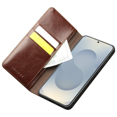 Samsung Galaxy S25 Edge "QIALINO" atvēramais ādas brūns maciņš - maks | Vacins.lv