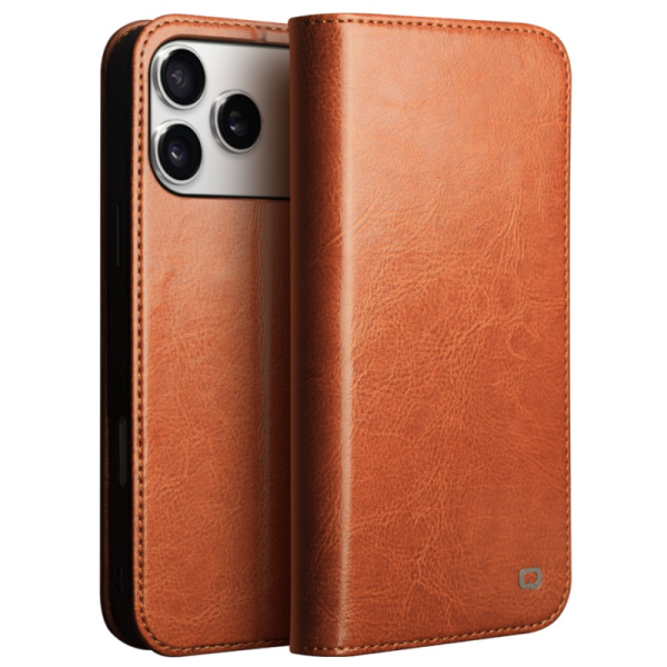 "QIALINO" atvēramais ādas maciņš - gaiši brūns (iPhone 17 Pro Max)