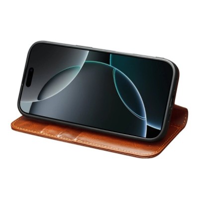 Apple iPhone 17 Pro Max "QIALINO" atvēramais ādas gaiši brūns maciņš - maks | Vacins.lv