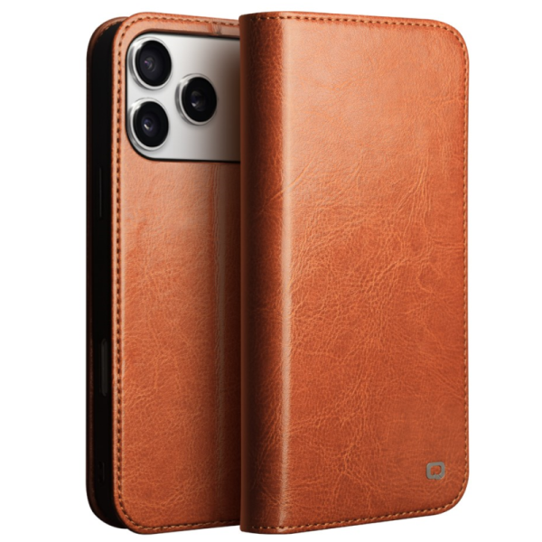 "QIALINO" atvēramais ādas maciņš - gaiši brūns (iPhone 17 Pro)