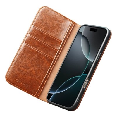 Apple iPhone 17 Pro "QIALINO" atvēramais ādas gaiši brūns maciņš - maks | Vacins.lv