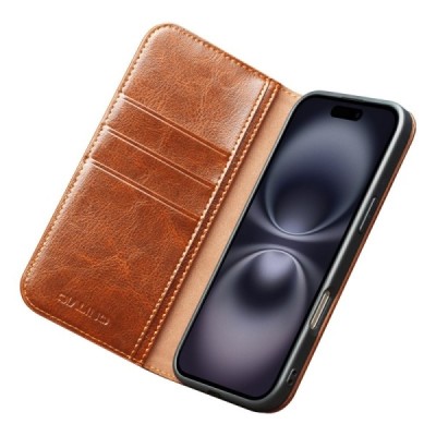 Apple iPhone 17 "QIALINO" atvēramais ādas gaiši brūns maciņš - maks | Vacins.lv