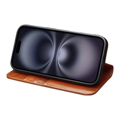 Apple iPhone 17 "QIALINO" atvēramais ādas gaiši brūns maciņš - maks | Vacins.lv