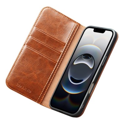 Apple iPhone Air "QIALINO" atvēramais ādas gaiši brūns maciņš - maks | Vacins.lv