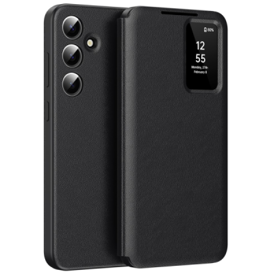 „Qing“ Smart View solidus Samsung Galaxy S25 atverčiamas dėklas - juodas | Priedai.lt