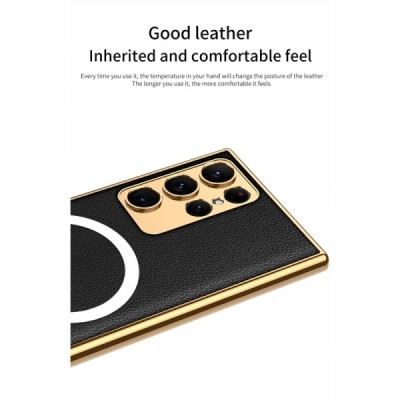 Samsung Galaxy S23 Ultra (SM-S918) GKK Luxury MagSafe melns maciņš - aizmugure ar zelta malām | vacins.lv