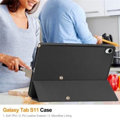 Samsung Galaxy Tab S11 atvēramais melns maciņš - maks ar vietu, kur ielikt stylus | Vacins.lv