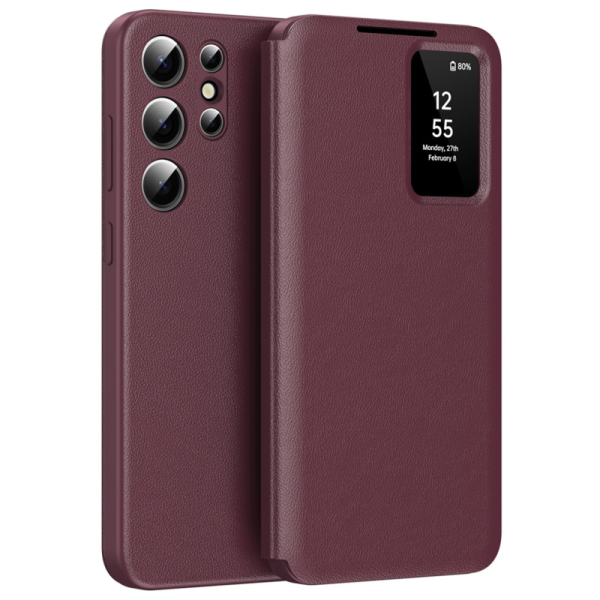 "Qing" Smart View solīds atvēramais maciņš - bordo (Galaxy S22 Ultra)