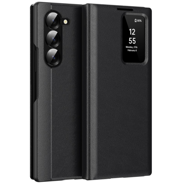 "Qing" Smart View solīds atvēramais maciņš - melns (Galaxy Fold5)