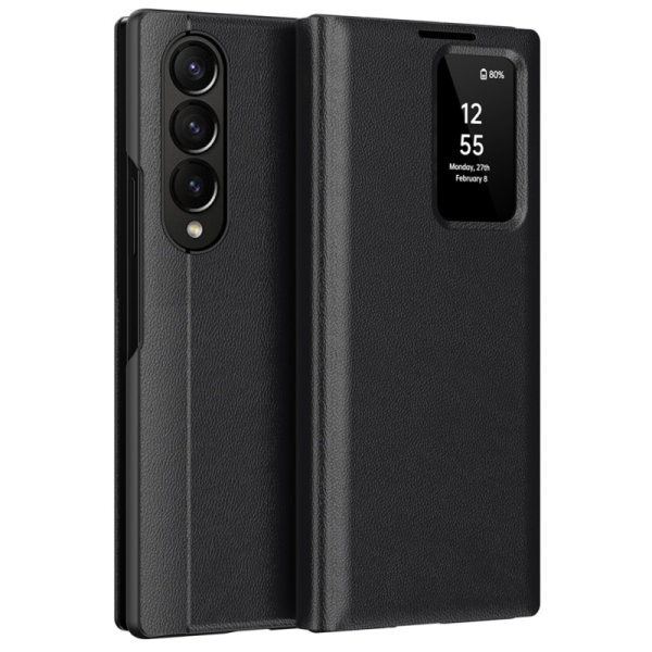 "Qing" Smart View solīds atvēramais maciņš - melns (Galaxy Fold4)
