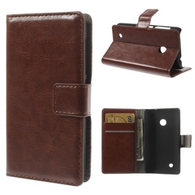 Nokia Lumia 530 atverčiamas rudas odinis dėklas - piniginė / Priedai.lt