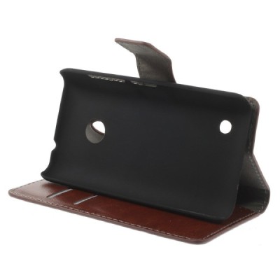 Nokia Lumia 530 atverčiamas rudas odinis dėklas - piniginė / Priedai.lt