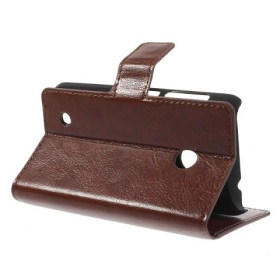 Nokia Lumia 530 atverčiamas rudas odinis dėklas - piniginė / Priedai.lt