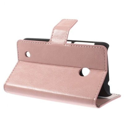 Nokia Lumia 530 atverčiamas rožinis odinis dėklas - piniginė / Priedai.lt