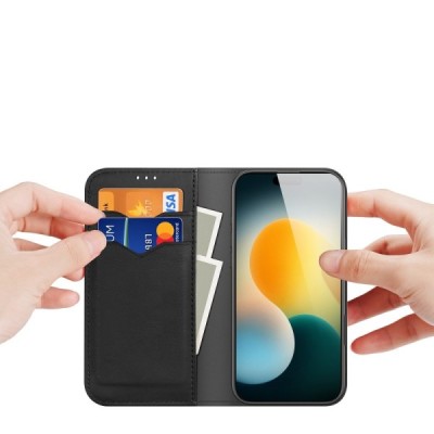 Apple iPhone 17 Pro „Dux Ducis“ Hivo sērijas melns ādas atvērams maciņš | Vacins.lv