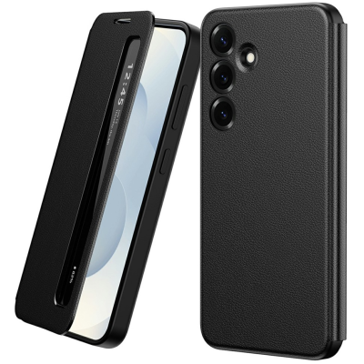 "Qing" Smart Side Line solīds atvēramais maciņš - melns (Galaxy S25)