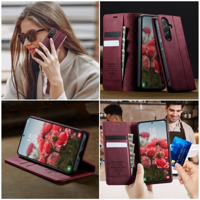 "CaseMe" Retro Skin atvēramais ādas maciņš - bordo (Galaxy A57)