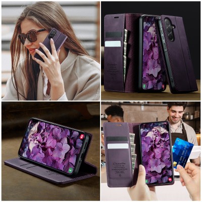 "CaseMe" Retro Skin atvēramais ādas maciņš - violets (Galaxy A57)