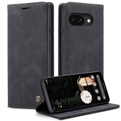 "CaseMe" Retro solīds atvēramais ādas maciņš - melns (Pixel 10a)