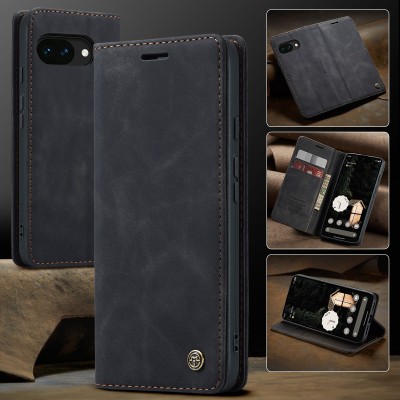 "CaseMe" Retro solīds atvēramais ādas maciņš - melns (Pixel 10a)