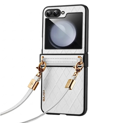 „Sulada“ Leather Strap Kickstand ādas apvalks - balts (Galaxy Flip5)