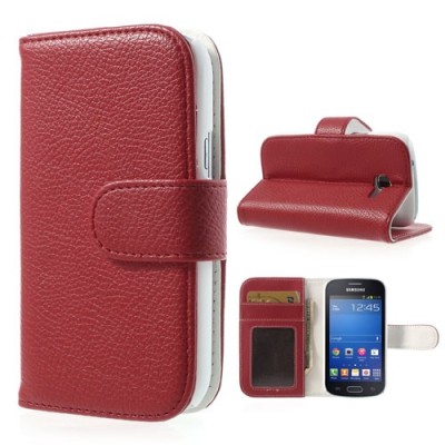 Samsung Galaxy Trend Lite S7390 (S7392) atverčiamas raudonas odinis Litchi dėklas - piniginė / Priedai.lt