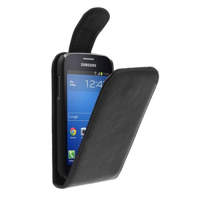 Samsung Galaxy Trend Lite S7390 (S7392) klasikinis vertikaliai atverčiamas juodas odinis dėklas / Priedai.lt