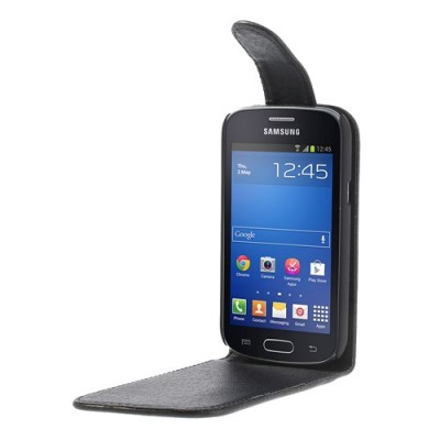 Samsung Galaxy Trend Lite S7390 (S7392) klasikinis vertikaliai atverčiamas juodas odinis dėklas / Priedai.lt