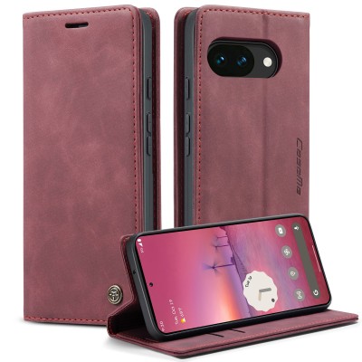 "CaseMe" Retro solīds atvēramais ādas maciņš - bordo (Pixel 10a)