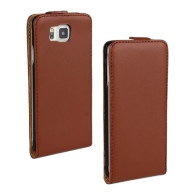 Samsung Galaxy Alpha G850 klasikinis vertikaliai atverčiamas rudas odinis dėklas / Priedai.lt