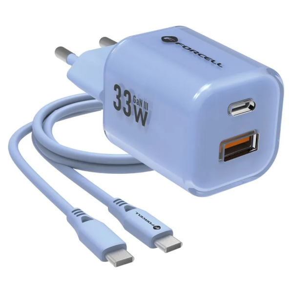 „Forcell“ F-Energy Crystal sieninis įkroviklis (33W) + USB-C laidas - mėlynas
