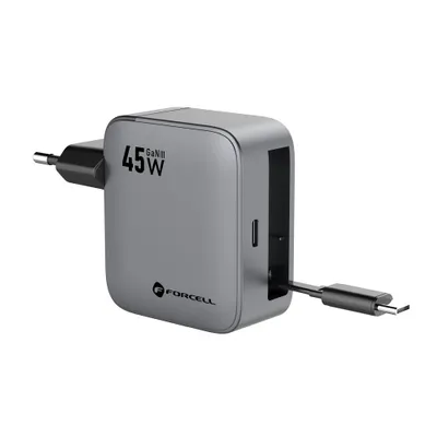 „Forcell“ PD sieninis įkroviklis (45W), su integruotu USB-C laidu – juodas