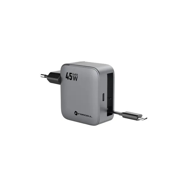 „Forcell“ PD wall charger (45W), with integrated USB-C cable – black