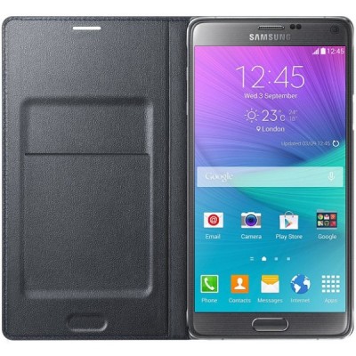 Samsung Galaxy Note 4 N910 oficiāls LED Flip Wallet Cover atvērams melns ādas maciņš / Vacins.lv