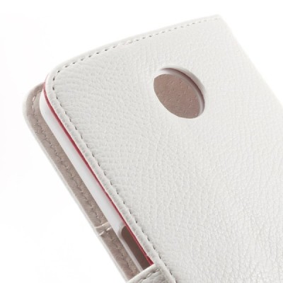 Motorola Nexus 6 atverčiamas baltas odinis Litchi dėklas - piniginė / Priedai.lt