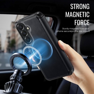 „CaseMe“ MagSafe Leather atverčiamas dėklas - juodas (Galaxy A17 / A26 / A16)