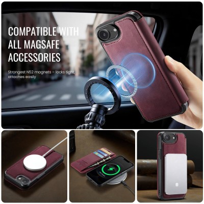 „CaseMe“ MagSafe Leather atverčiamas dėklas - bordo (iPhone 17e / 16e)