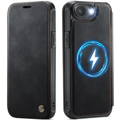 „CaseMe“ MagSafe Leather atverčiamas dėklas - juodas (iPhone 17e / 16e)