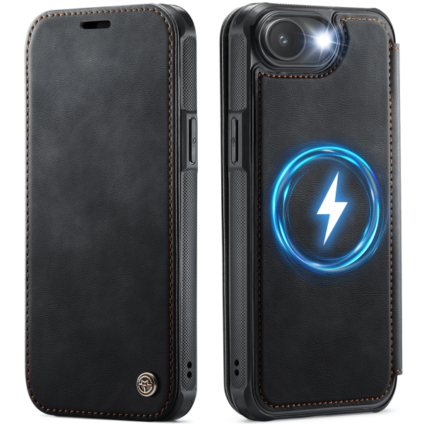 „CaseMe“ MagSafe Leather atverčiamas dėklas - juodas (iPhone 17e / 16e)