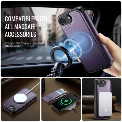 „CaseMe“ MagSafe Leather atverčiamas dėklas - violetinė (iPhone 17e / 16e)