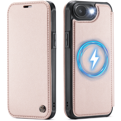 „CaseMe“ MagSafe Leather atverčiamas dėklas - rožinis (iPhone 17e / 16e)