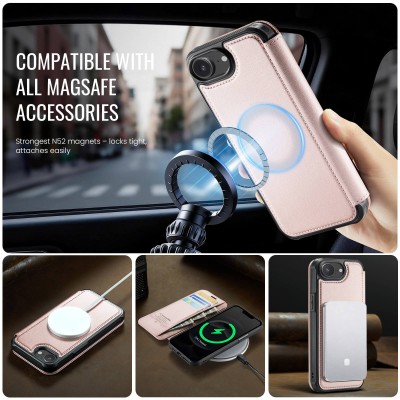 „CaseMe“ MagSafe Leather atverčiamas dėklas - rožinis (iPhone 17e / 16e)